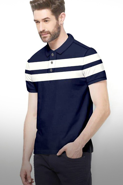 Navy  With White Stripe Design Polo T-shirt