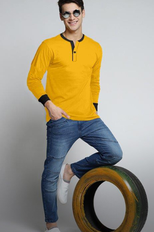 Yellow with Black Color Placket Full Sleeve T-shirt