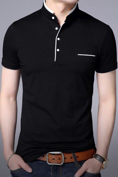Black Mandarin collar T-shirts