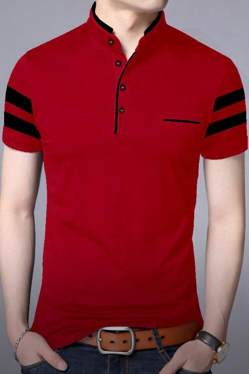 Red  Stylish Mandarin collar T-shirt