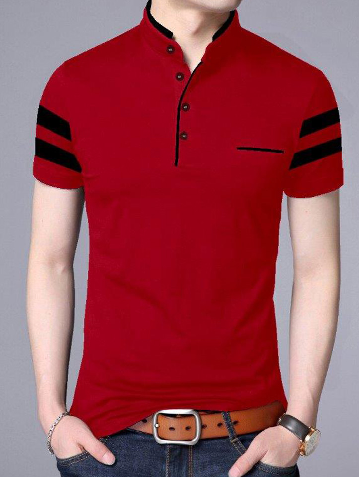 Red Stylish Mandarin Collar T-shirt - You and I Fashions Pvt. Ltd.