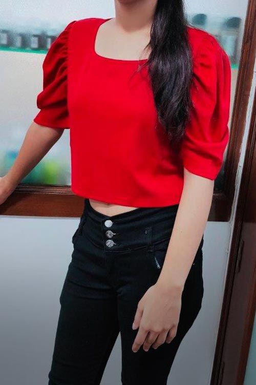 Stylish Red Crop Top With Elasticated Gathering Puff Sleeve